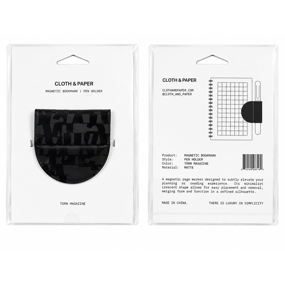 Cloth & Paper Magnetic Bookmark Pen Holder Torn Magazine Matte Black Crescent